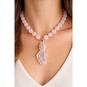 Rutilated Quartz Pendant Necklace with Pink Quartz Pearl Feminine Romantic